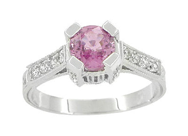 Art Deco 1 Carat Pink Sapphire Engraved Castle Engagement Ring in Platinum - alternate view