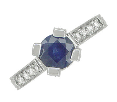 Art Deco 1 Carat Blue Sapphire Engraved Castle Engagement Ring in Platinum - Item: R665S - Image: 3