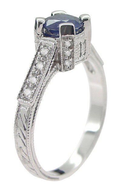 Art Deco 1 Carat Blue Sapphire Engraved Castle Engagement Ring in Platinum - Item: R665S - Image: 5