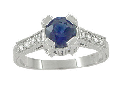 Art Deco 1 Carat Blue Sapphire Engraved Castle Engagement Ring in Platinum - Item: R665S - Image: 2