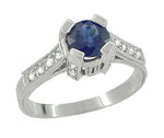 Art Deco 1 Carat Blue Sapphire Engraved Castle Engagement Ring in Platinum