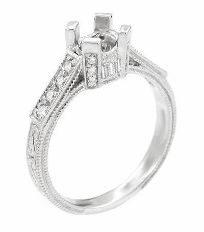 Art Deco 1 Carat Diamond Filigree Engagement Ring Mounting in Platinum with Carved Sides