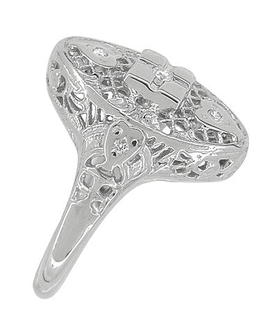 Art Deco Filigree Lozenge Shape Hearts & Diamonds Cocktail Ring in 14 Karat White Gold - Item: R671 - Image: 3