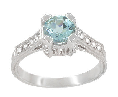 Art Deco Engraved Citadel 1 Carat Aquamarine Engagement Ring in Platinum - Item: R673A - Image: 3