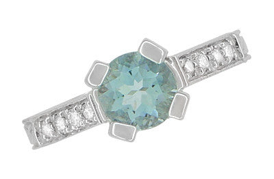 Art Deco Engraved Citadel 1 Carat Aquamarine Engagement Ring in Platinum - Item: R673A - Image: 4
