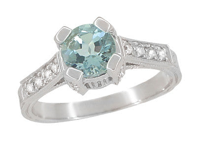Art Deco Engraved Citadel 1 Carat Aquamarine Engagement Ring in Platinum - Item: R673A - Image: 2