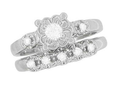Retro Mid Century Modern Platinum Lucky Clover Diamond Engagement Ring & Wedding Band Set - alternate view