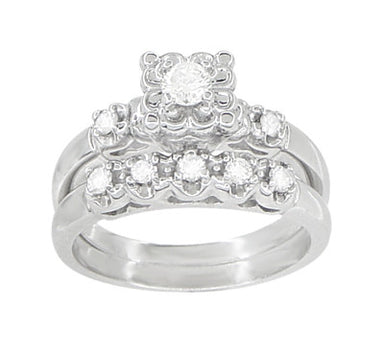 1950's Retro Moderne Lucky Clover Diamond Engagement Ring and Wedding Ring Set in 14K White Gold - alternate view