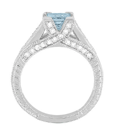 Platinum Vintage Style Art Deco X & O Kisses 3/4 Carat Princess Cut Aquamarine Engagement Ring - Item: R676PA - Image: 4