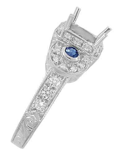 Art Deco Sapphire and Diamonds Engraved Wheat and Scrolls Engagement Ring Setting in 18 Karat White Gold - Item: R677 - Image: 5
