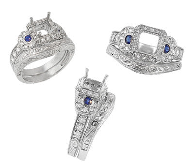 Art Deco Sapphire and Diamonds Engraved Wheat and Scrolls Engagement Ring Setting in 18 Karat White Gold - Item: R677 - Image: 7