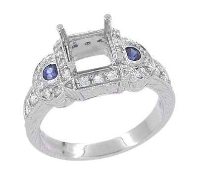 Art Deco Sapphire and Diamonds Engraved Wheat and Scrolls Engagement Ring Setting in Platinum