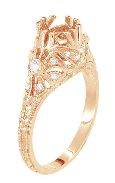 Antique Style Filigree Edwardian Engagement Ring Semimount for a 1.00 to 1.30 Carat Round Diamond in 14 Karat Rose ( Pink ) Gold - Item: R6791R - Image: 2