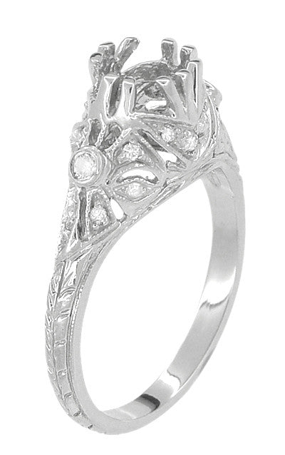 Edwardian Antique Style 3/4 to 1 Carat Filigree Platinum Engagement Ring Mounting with Side Diamonds - Item: R679P - Image: 4