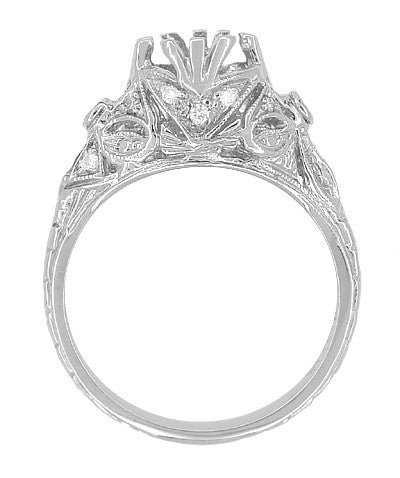 Edwardian Carved Platinum Engagement Ring Mounting with Side Sapphires and Diamonds - Item: R679PS - Image: 4
