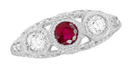Filigree "Three Stone" Edwardian Ruby and Diamond Engagement Ring in Platinum