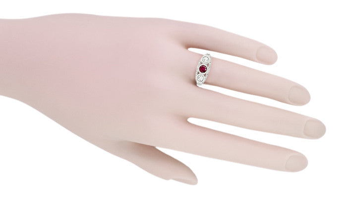 Filigree 3 Stone Ruby and Diamond Edwardian Engagement Ring in 14 Karat White Gold - Item: R682WR - Image: 6