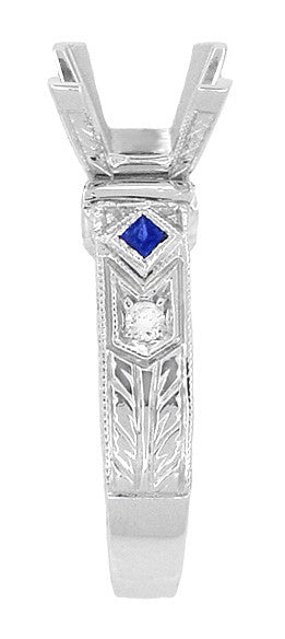 Art Deco 1 1/2 Carat Princess Cut Diamond Wheat Engraved Engagement Ring Setting in 18 Karat White Gold with Diamonds and Princess Cut Sapphires - Item: R683 - Image: 3
