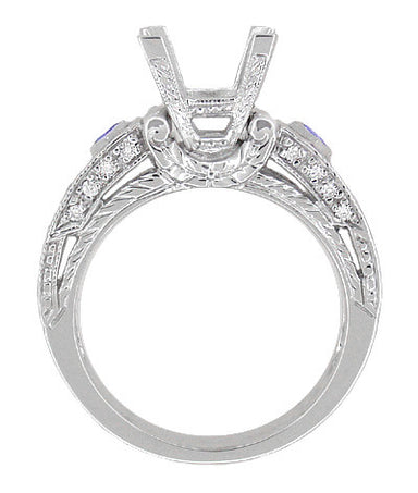 Art Deco 1 1/2 Carat Princess Cut Diamond Wheat Engraved Engagement Ring Setting in 18 Karat White Gold with Diamonds and Princess Cut Sapphires - alternate view