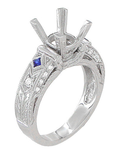 Art Deco 1 1/2 Carat Princess Cut Diamond Wheat Engraved Engagement Ring Setting in 18 Karat White Gold with Diamonds and Princess Cut Sapphires
