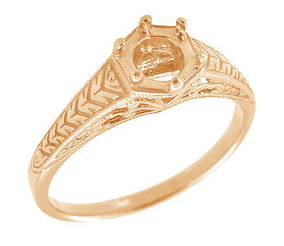 14 Karat Rose ( Pink ) Gold Art Deco Carved Wheat and Filigree Scrolls Engagement Ring Setting for a 3/4 Carat Diamond