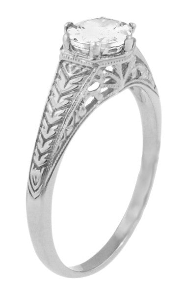 Art Deco Scrolls and Wheat White Sapphire Solitaire Filigree Engraved Engagement Ring in 18 Karat White Gold - Item: R688WWS - Image: 2