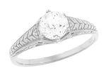 Art Deco Scrolls and Wheat White Sapphire Solitaire Filigree Engraved Engagement Ring in 18 Karat White Gold