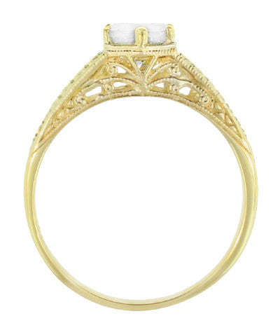 Art Deco Carved Wheat and Scrolls White Sapphire Solitaire Filigree Engraved Engagement Ring in 18K Yellow Gold - Item: R688YWS - Image: 3