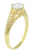 Art Deco Carved Wheat and Scrolls White Sapphire Solitaire Filigree Engraved Engagement Ring in 18K Yellow Gold