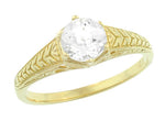 Art Deco Carved Wheat and Scrolls White Sapphire Solitaire Filigree Engraved Engagement Ring in 18K Yellow Gold