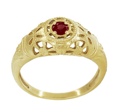 Low Dome Filigree Art Deco Ruby Ring in 14 Karat Yellow Gold - Item: R698Y - Image: 3