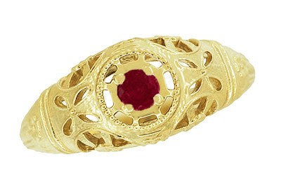 Low Dome Filigree Art Deco Ruby Ring in 14 Karat Yellow Gold - Item: R698Y - Image: 4