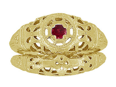 Low Dome Filigree Art Deco Ruby Ring in 14 Karat Yellow Gold - Item: R698Y - Image: 7