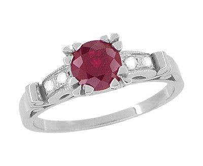 Ruby and Diamonds Art Deco Engagement Ring in 18 Karat White Gold - Item: R699 - Image: 4