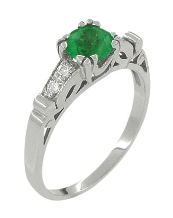 1950's Vintage Style Emerald and Diamonds Engagement Ring in 18 Karat White Gold - Item: R700 - Image: 2