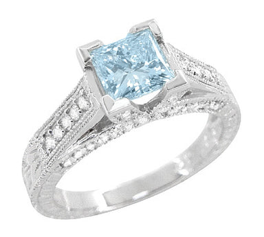 Art Deco X & O Kisses 1 Carat Princess Cut Aquamarine Engagement Ring in Platinum