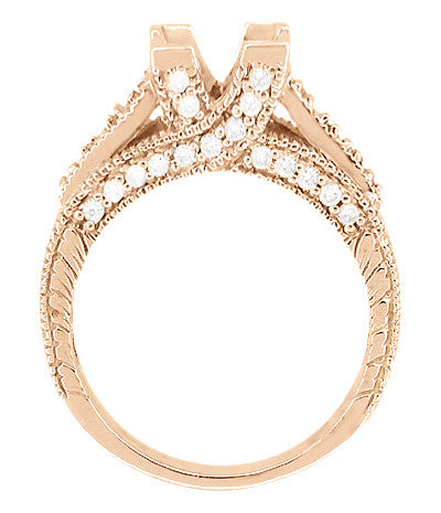 Rose Gold Art Deco X & O Kisses Engagement Ring Setting for a 1 Carat Princess Cut Diamond