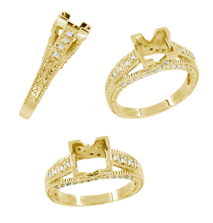 Art Deco X & O Kisses 1 Carat Princess Cut Diamond Yellow Gold Engagement Ring Setting - Item: R701Y14 - Image: 2