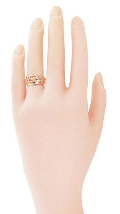 Retro Moderne Scrolls and Leaves Filigree 8.5mm Wide Wedding Ring in 14 Karat Rose ( Pink ) Gold | Size 5.5 - Item: R702R - Image: 2