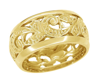 Retro Moderne Scrolls and Leaves Filigree Wedding Ring in 14K Yellow Gold - 8.5mm Wide - Size 5.5