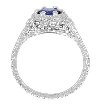 Art Deco Filigree Flowers Sapphire Engagement Ring in 14 Karat White Gold - Item: R706 - Image: 3