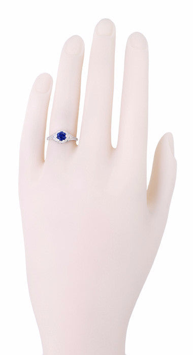 Art Deco Filigree Flowers Sapphire Engagement Ring in 14 Karat White Gold - Item: R706 - Image: 4
