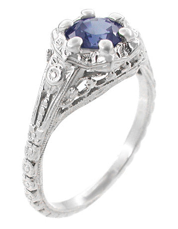 Art Deco Filigree Flowers Sapphire Engagement Ring in 14 Karat White Gold - alternate view