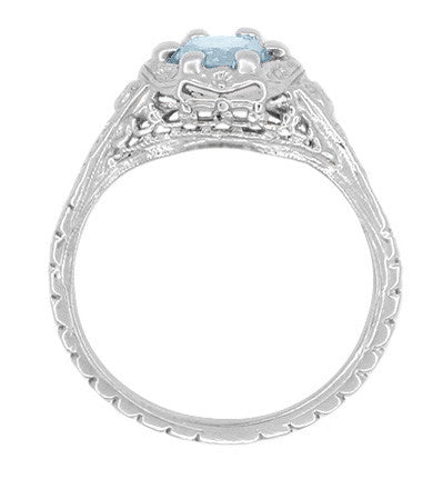Art Deco Filigree Flowers Aquamarine Engagement Ring in 14 Karat White Gold - Item: R706WA - Image: 3