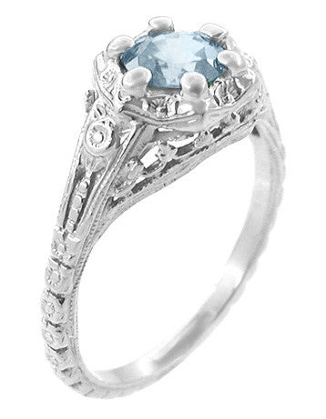 Art Deco Filigree Flowers Aquamarine Engagement Ring in 14 Karat White Gold - Item: R706WA - Image: 2