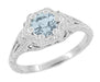 Art Deco Filigree Flowers Aquamarine Engagement Ring in 14 Karat White Gold