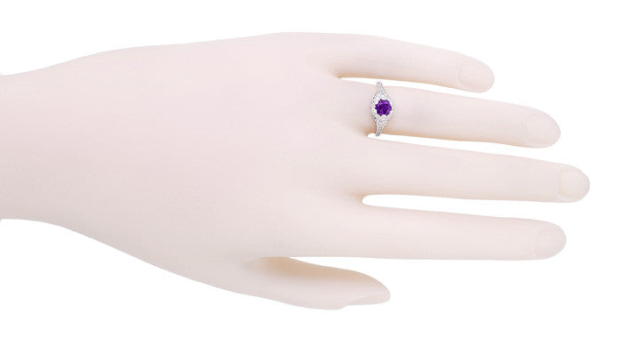 Filigree Art Deco Flowers Amethyst Engagement Ring in 14 Karat White Gold - Item: R706WAM - Image: 4