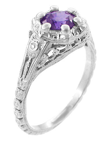 Filigree Art Deco Flowers Amethyst Engagement Ring in 14 Karat White Gold - Item: R706WAM - Image: 2