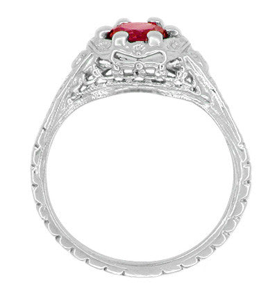 Art Deco Filigree Flowers Lab Created Ruby Engagement Ring in 14 Karat White Gold - Item: R706WCR - Image: 3