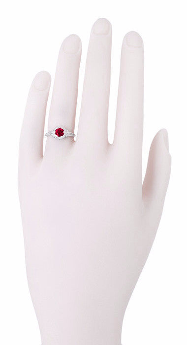 Art Deco Filigree Flowers Lab Created Ruby Engagement Ring in 14 Karat White Gold - Item: R706WCR - Image: 4